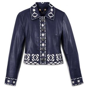 Tory Burch Blue Lambskin Leather Brianna Jacket